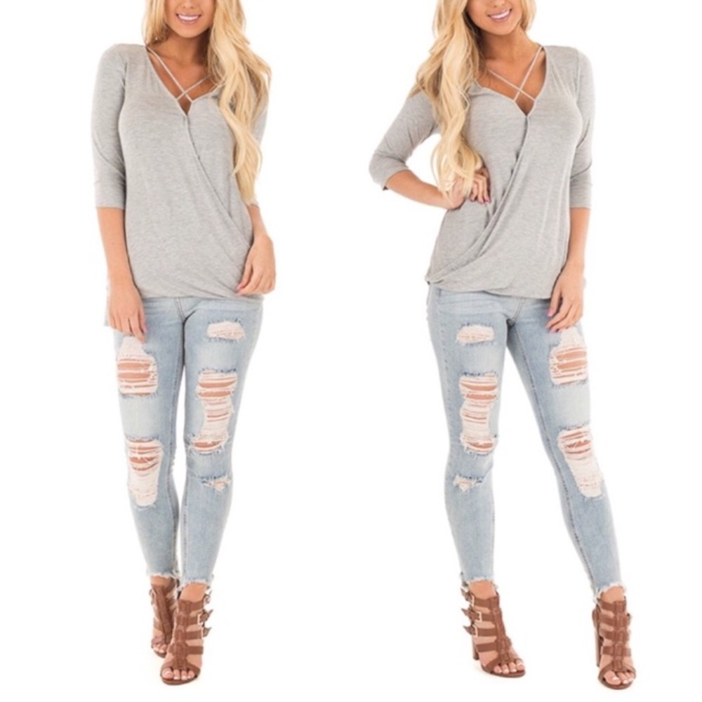 Strappy Cross Front High Low Super Soft 3/4 Sleeve Knit Top - Picture 3 of 8